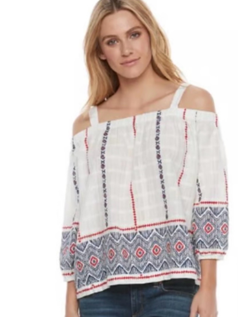 Sonoma White Cold-Shoulder Embroidered Boho Blouse with Red & Navy Accents XL